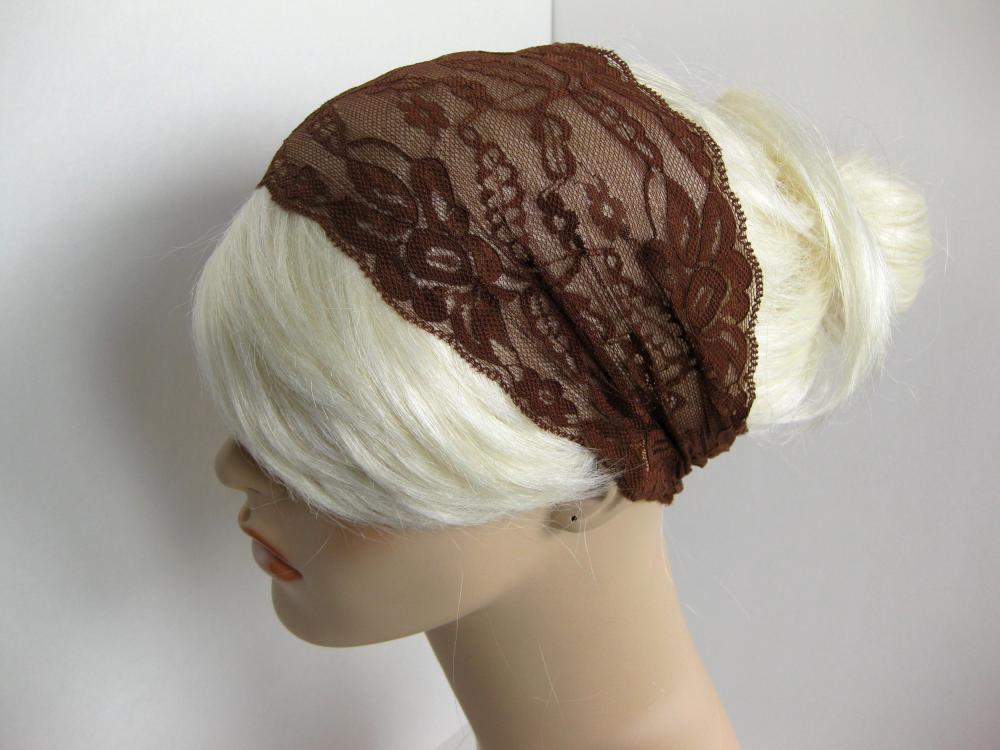 Wide Stretch Lace Headband Chocolate Brown Head Wrap Women's Hairband
