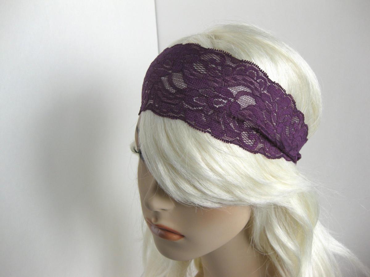 Deep Plum Stretch Lace Headband Purple Floral Head Wrap Women's