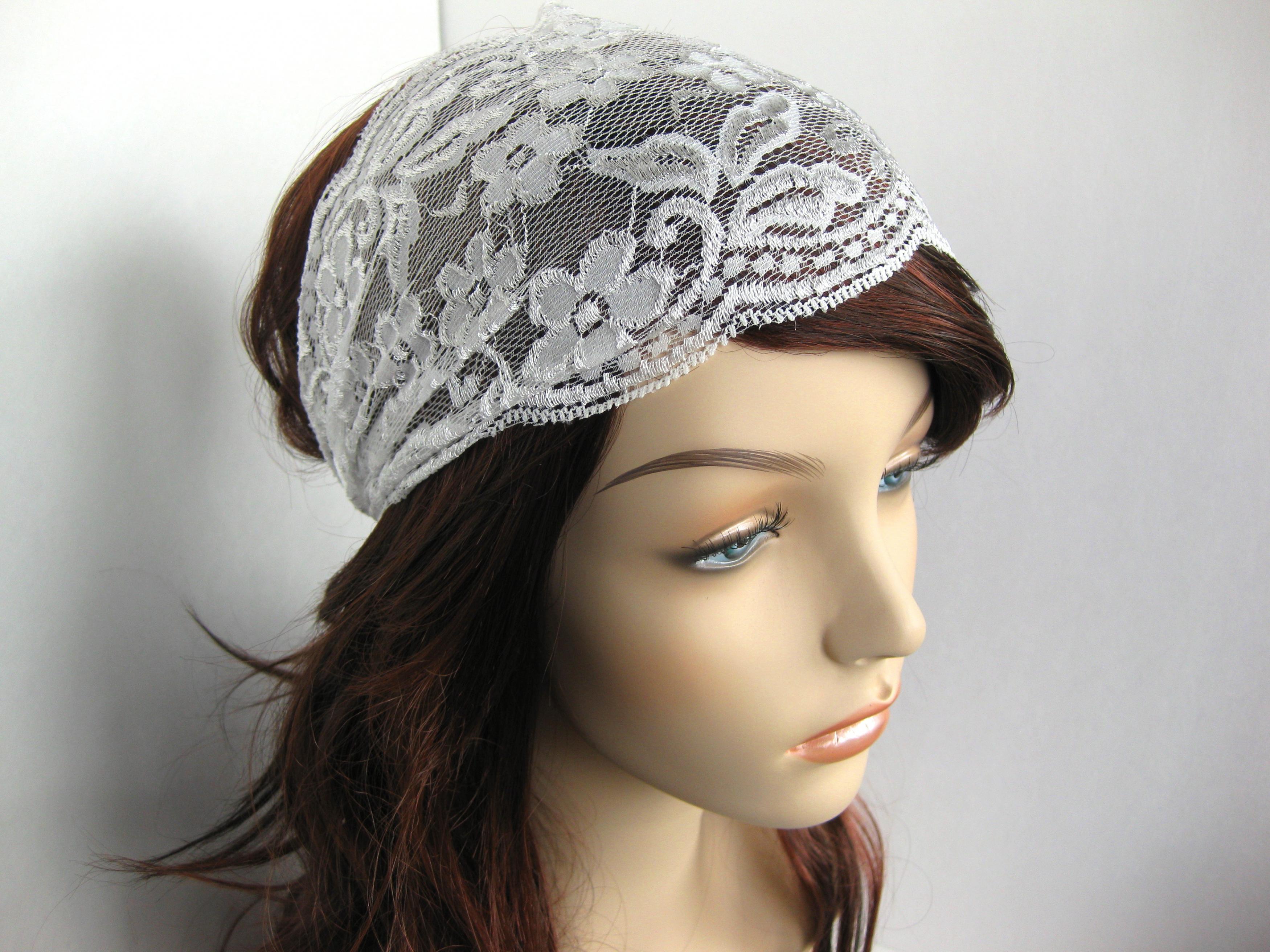 Wide Stretch Lace Headband Pale Ivory Off White Flowers Head Wrap Women