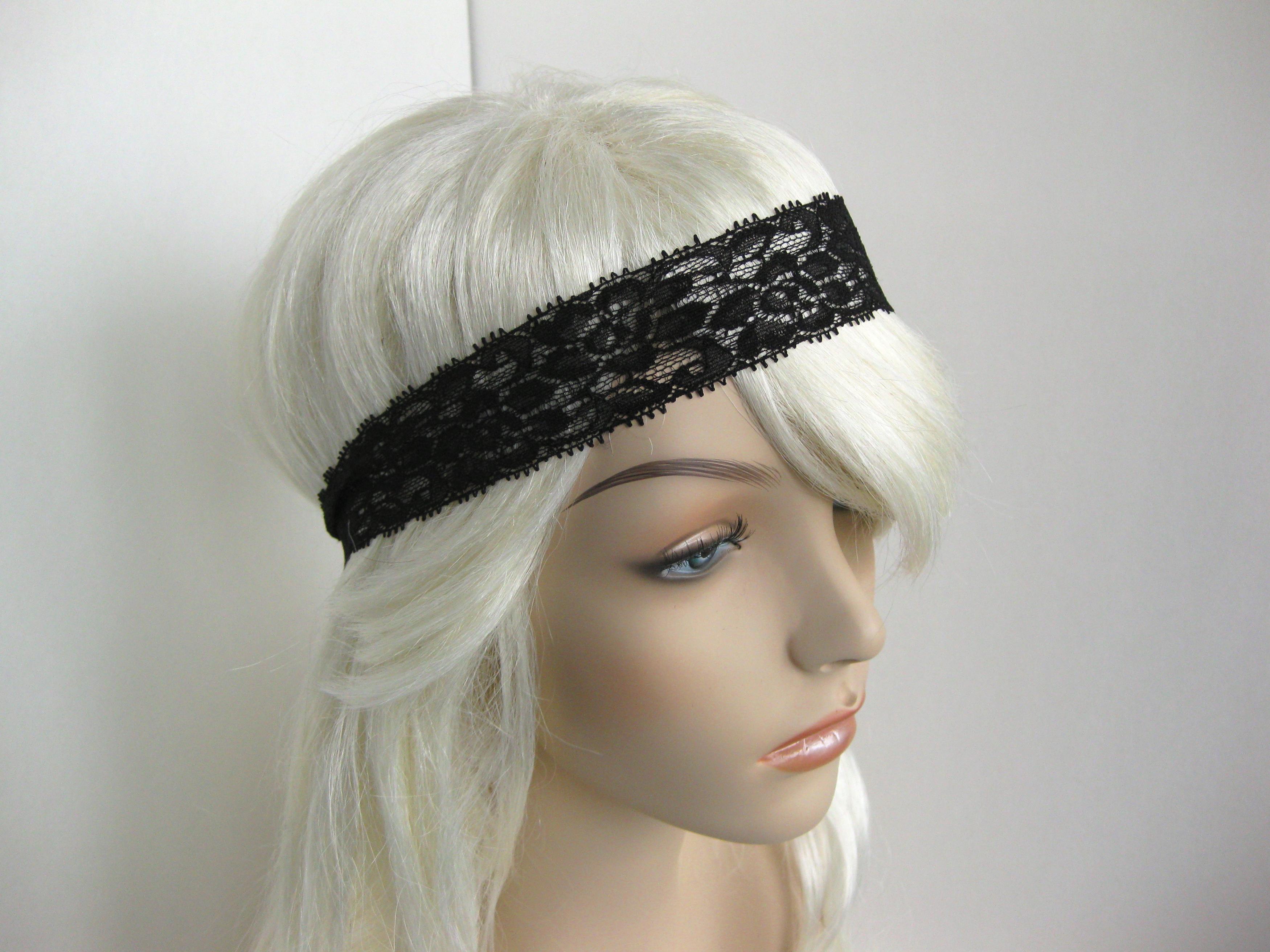 Stretch Lace Headband Black Flowers Head Wrap Womens Classic Hairband